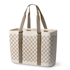 Sun-Day Collapsible Tote in Checkin' In, cream and tan checkerboard pattern tote bag with tan carry loops and matching strap detail