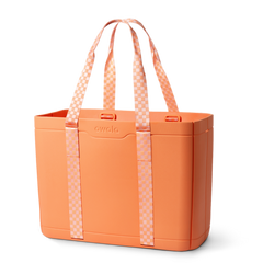 Sun-Day Collapsible Tote in Hot Tropic, solid coral orange tote bag with light pink checkerboard patterned carry loops and matching strap