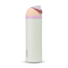 FreeSip 24oz water bottle, off-white cream body with blush pink and white color-block lid, flip cap, and carry loop