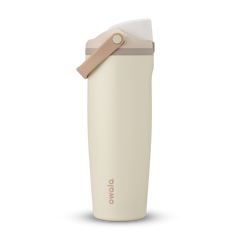 FreeSip Sway 32oz, warm off-white cream tumbler with beige flip cap and tan carry loop