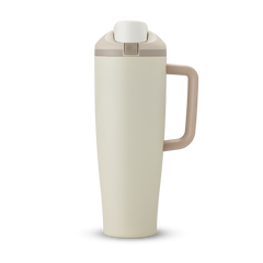 FreeSip Tumbler 40oz in Lightly Toasted — warm off-white/cream body with matching lid and handle, viewed from the handle side