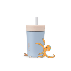 Kids' Tumbler 12oz in Seas the Day; light blue body with cream lid and white straw, decorative octopus, crab, and shell illustrations on body