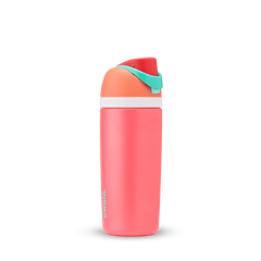 Owala Kids' FreeSip in FireBall — coral pink body with orange and mint green lid accents