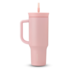 40oz Tumbler in Rose Quartz, soft blush pink insulated tumbler with matching pink handle and lid, and pale pink straw