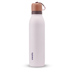 FreeSip Twist 24oz in Sleepy Lavender, soft pale lavender insulated water bottle with copper-orange twist cap, dark plum twist cap accent band, and pink carry string with brown grip